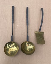 OUTSTANDING Vintage 3 Pc. BRASS LADLE SET Blacksmith Made Wrought Iron Handles picture