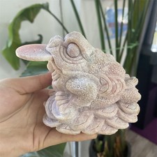 1.6LB 3.7 Natural Pink Opal Golden Toad Statue Crystal Reiki Heal Carving Decor picture