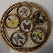 Vintage 1970s Bamboo Rattan Butterfly Coasters Set of 6 Serving Tray Boho  picture