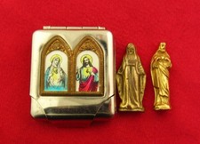 Vintage MARY JESUS Pocket Shrine 2 MINI STATUES & METAL DOUBLE HOLDER Catholic picture