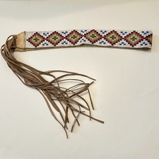 Antique Native American Handmade Woven Beaded Sash Belt Leather Suede Fringe picture