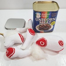 Vintage ThinkGeek Radiant Farms Canned Unicorn Meat Gag Gift Collectible Plush picture