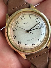 Vintage 1979 Timex Marlin Date Gold Tone Silver Linen Dial Mechanical RUNNING picture