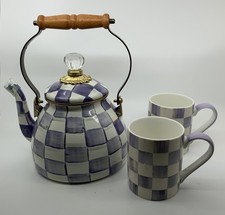 MacKenzie-Childs New Violet Check 2 Qt Enamel Tea Kettle + 2 Porcelain Mugs Set picture