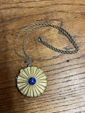 Vintage Estee Lauder Perfume Compact Necklace Gold Tone Cabochon Blue Stone picture
