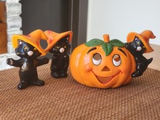 VTG 3-Pc Set LEFTON Black CATS in WITCH HATS HALLOWEEN Pumpkin Candle Holder picture
