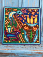 VINTAGE 12 X 12 INCH HUICHOL INDIAN MEXICO YARN PAINTING ART DEER FEAST picture