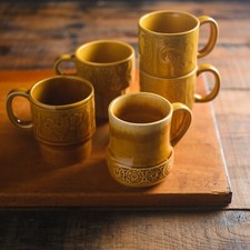 (5) VTG 1970s Drip Glaze Stackable Coffee Mug Cup Made in Japan Gold Geometric picture