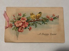 Vintage 1920's Yellow Birds & Magnolia Flowers Easter Greeting Card Ribbon Bound picture