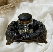 Antique Art Nouveau Cast Metal Inkwell Stand Victorian Cut Glass Desk Inkstand picture