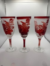 Vintage Frosted Cameo Glass Wine Goblets Set of 3 Ruby Red Floral Etched 6.5