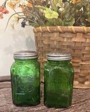 Vintage Green Glass Hazel Atlas (?) Salt and Pepper Set – Farmhouse Cottagecore picture