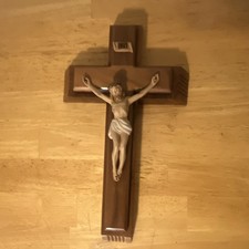⁠Vtg Mid Century Catholic Last Rites Sick Call Set Wood Cross Marian M Emblem⁠ picture