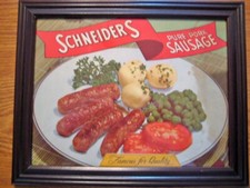 RARE ORIGINAL 1940'S FRAMED SCHNEIDER'S PORK SAUSAGE ADVERTISEMENT picture