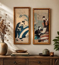 VNT 70s Japanese Ukiyo-e Print Pair  Bamboo Frame Koryusai Toyohiro Oriental Dec picture
