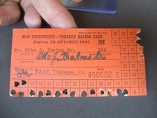 WWII Home Front, War Department TOBACCO RATION CARD, Tuskegee Army Airfield #1 picture