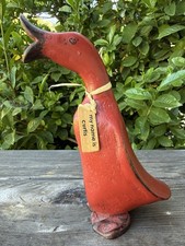 Vintage Smith & Hawken Rustic Carved Wood 8” Red Duck Figurine MY NAME IS CURTIS picture