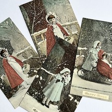 Antique Beautiful Christmas Postcard Lot Of 4 Adorable Children Playing In Snow picture