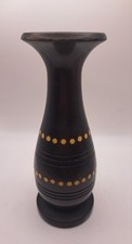Vintage Carved Solid Dark Wood Vase Inlayed Circles 7
