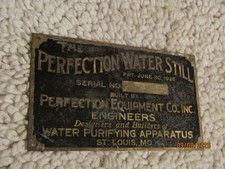1925 Perfection Water Still Purifying Apparatus Brass Name Plate Plaque St Louis picture