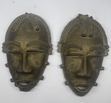 Stunning Pair of Vintage West African Baule Style Cast Brass/Bronze Face Masks picture