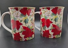 2 Beautiful Grace’s Teaware Mugs  with Red Poinsettia on White Porcelain - 4.5”  picture