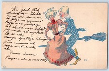 1907 Man And Woman Riding A Broomstick New Dorchester MA Antique Postcard picture