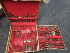 vintage mcm THAILAND BRONZE BRASS color 104Pc FLATWARE SET IN BOX 1970’s picture