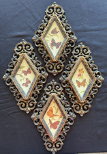 Vintage 1976 Burwood Butterfly Wall Plaques Set of 4 Diamond Gold Black picture