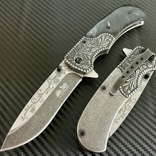 8.5” Black Rose Engraved EDC Tactical Spring Assisted Open Folding Pocket Knife picture