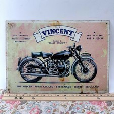 Vintage 1993 Vincent Black Shadow Motorcycle Metal Tin Sign Made in GB 15x10.5 picture