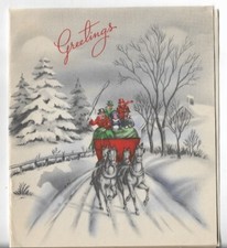 Vtg CHRISTMAS CARD 4.25x5 Horses & Stagecoach Running Thru the Snow picture