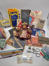 VTG Sewing Notions Lot Thread Buttons Silver Thimbles Scissors Knit Needles MORE picture