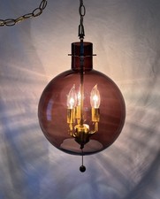 Vintage Mid Century Wine Red Purple Optic Glass Globe Hanging Swag Lamp 3 Light picture