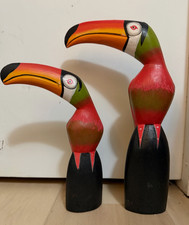Pair Vintage Hand Carved Painted Wood Toucan Figures 14.5