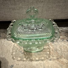 Vintage Indiana Glass Old Colony Green Open Lace Covered Pedestal Candy Dish picture