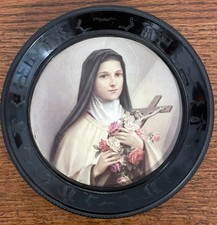 : Vintage St Therese Little Flower Religious Portrait Crucifix Roses Black Frame picture