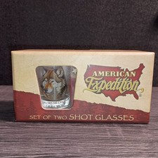 American Expedition Gray Wolf Painted Clear Glass Shot Glasses Set of 2 2oz picture