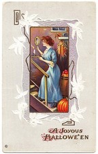 Halloween Woman Mirror Candle Harvest Scene antique postcard picture