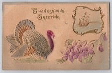 Thanksgiving Greeting Embossed Turkey Postcard c1910 - 1 cent Postage Due Stamp picture