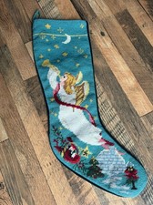 VTG Wool Needlepoint Christmas Stocking Angel Blowing Horn Blue Velvet Back picture