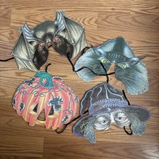 1985 Department 56 die-cut cardboard Halloween half-masks Bat Witch Cat Pumpkin picture