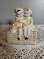 VINTAGE RARE MCM OPALESCENT HAND PAINTED CERAMIC FIGURINE GIRLS TABLETOP DECOR picture