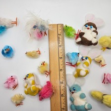 Vintage Flocked Easter Bunny & Chick Lot Feather Chicks Japan Style Spring Decor picture