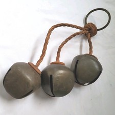 Antique Brass Crotal Bells Set of 3 Large Rustic Sleigh Jingle Bells Two Toned picture