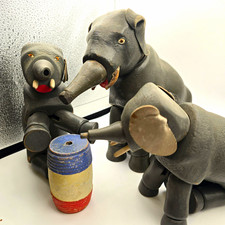 Lot 3 Antique Schoenhut Humpty Dumpty Circus Elephants + Wood Barrel Toy picture