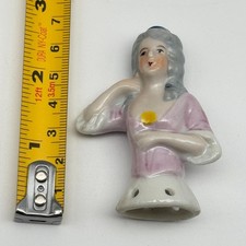 Vintage 1920s Porcelain Half Doll Pin Cushion Lady Pink Dress Made in Japan 3