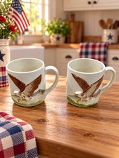 Vintage Bald Eagle Ceramic Coffee Mugs Pair 3D Raised Relief Wildlife picture