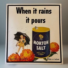1940s-50s Morton Salt Ralph's Grocery Embossed Metal Sign Umbrella Girl picture