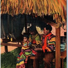 c1940s Everglades, FL Seminole Indian Family Chickee Shelter Linen Postcard picture